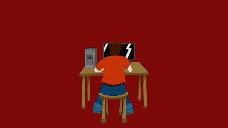 Homme cartoon devant son pc de dos sur fond rouge