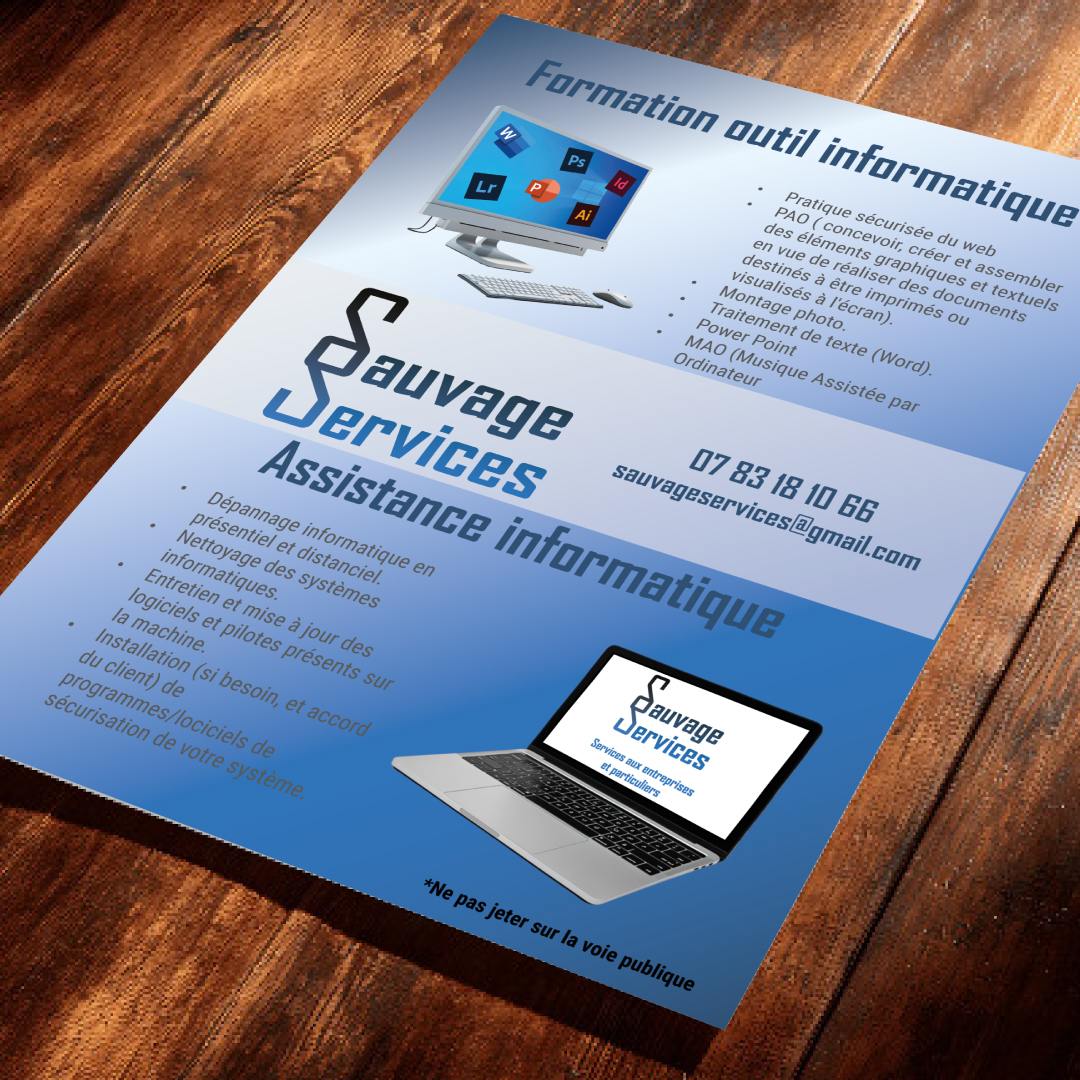 mockup flyer Sauvage Services sur table en chêne