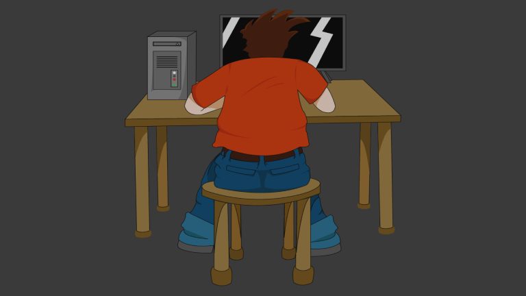 personnage cartoon de assis dos devant son bureau travaillant sur son ordinateur